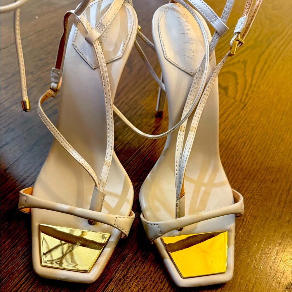 Schutz New leather heel strappy sandals. White bone color. Size 8.5